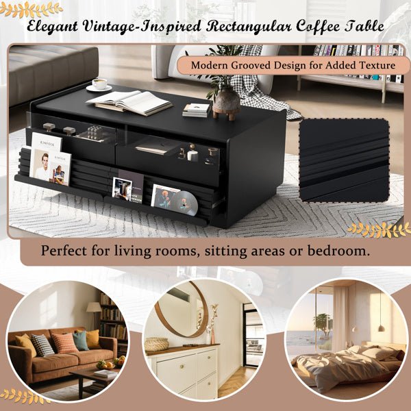 Fluted Wood Style Coffee Table with 4 Drawers, 2 Shelves - Living Room Storage & Decor - DonoHome