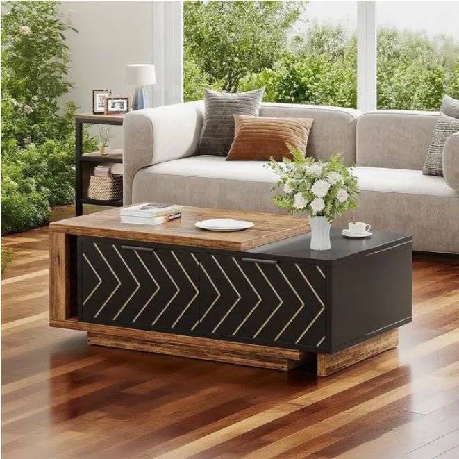42" Modern Rectangular Coffee Table - Wood Top, Black Base, Center Table with Storage Doors - DonoHome