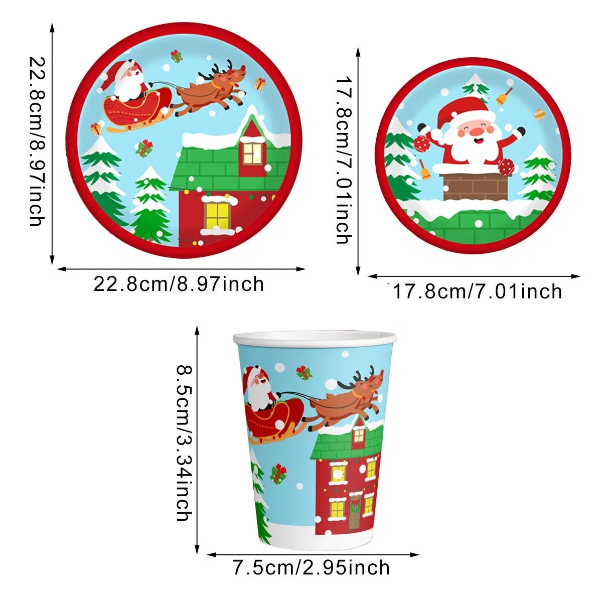 30Pcs Christmas Party Tableware Set – Disposable Paper Plates & Cups with Santa & Reindeer Design