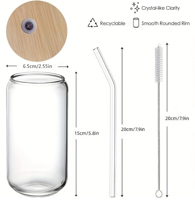 Glass Cup Set with Bamboo Lids & Straws – Clear Drinking Glasses for Coffee, Tea, Juice, Beer