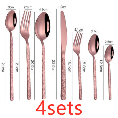 Embossed Handle Stainless Steel Flatware Set – 7-Piece, Black/Gold/Rose Gold/Silver