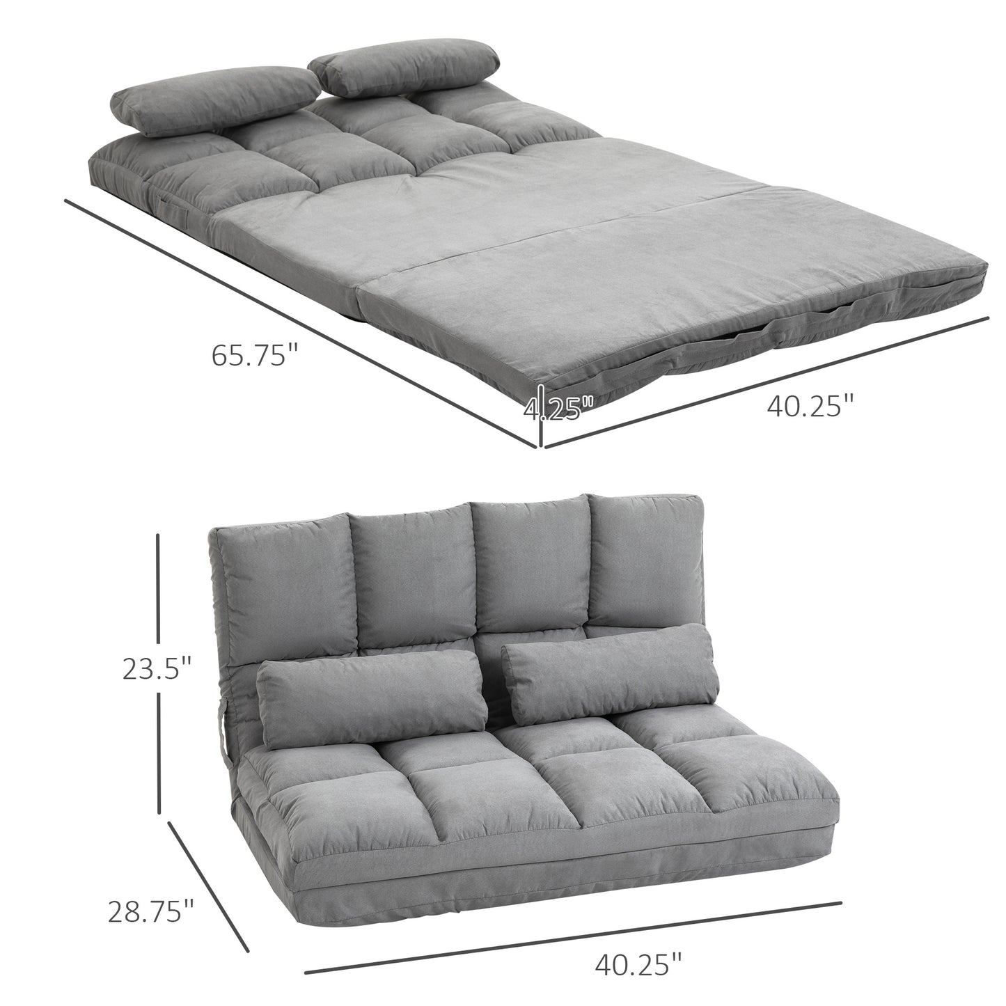 Folding Upholstered Couch Bed Gray Convertible Floor Sofa Chair Metal Frame Pillows