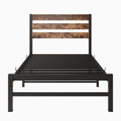 Twin Platform Bed Frame w/ Rustic Wood Headboard & Metal Slats (No Box Spring Needed, Rustic Brown)