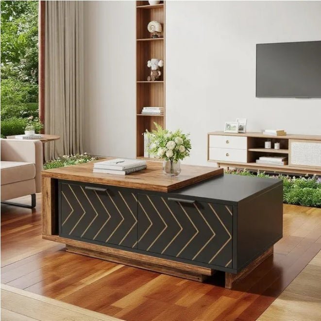 42" Modern Rectangular Coffee Table - Wood Top, Black Base, Center Table with Storage Doors - DonoHome
