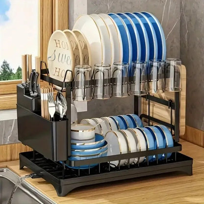 Kitchen Double Layer Dish Drying Rack – Drainage Organizer for Plates, Cups & Utensils