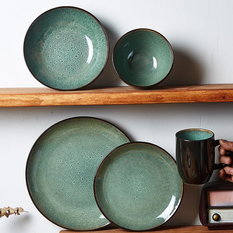 Minimalist Green Glaze Ceramic Tableware Set with Plates, Bowls & Mug for Home Dining