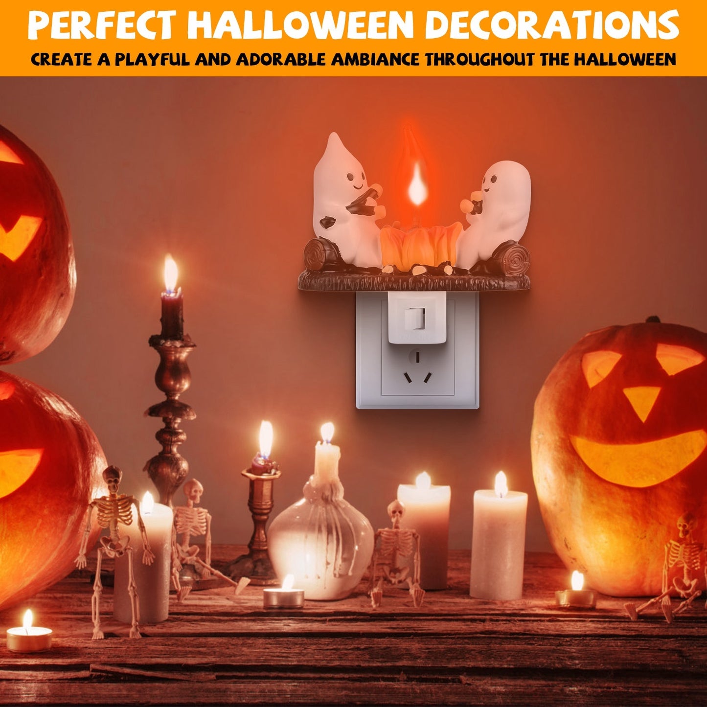 2Pcs Ghost Campfire Flickering Flame Night Light, Funny Halloween Bedroom Nightlight & Holiday Decoration Gift