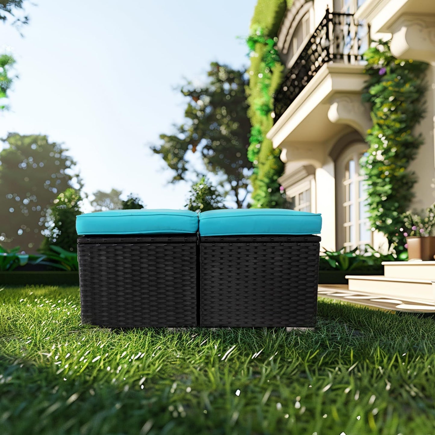 Set of 2 Outdoor Wicker Storage Ottomans with Removable Cushions – Patio Footrest / Side Table