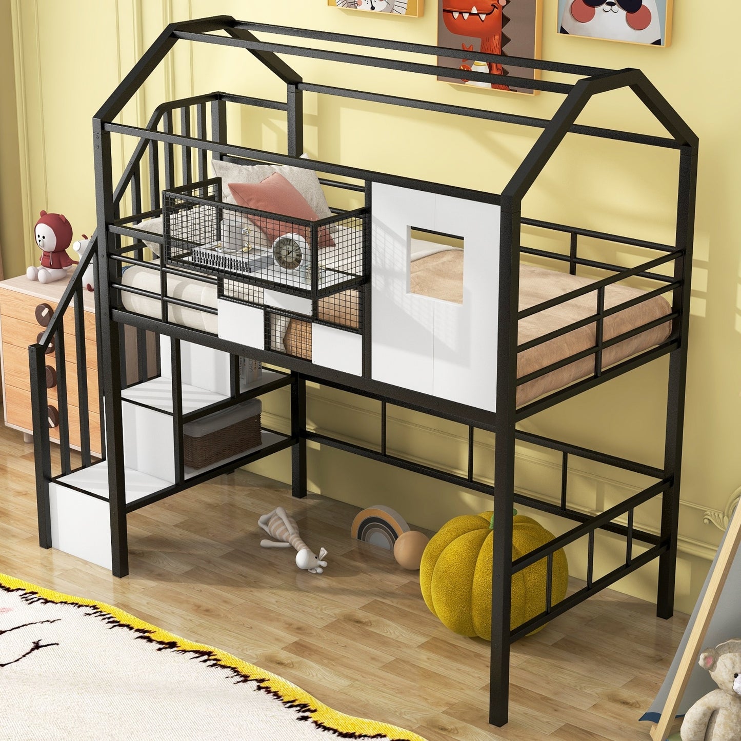 Twin Metal Loft Bed with Roof Design, Guardrails, and Storage Box