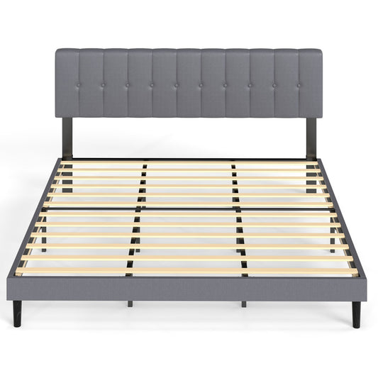 Upholstered Platform Bed Frame with Tufted Headboard (Gray, Iron Frame & Wood Slats) – Twin/Full/Queen/King