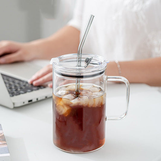 High-Temperature Borosilicate Glass Water Mug with Lid & Straw