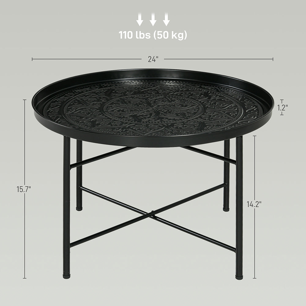 24" Round Hammered Metal Coffee Table with Tray Top – Black