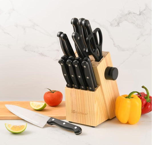 19-Piece Kitchen Knife Set w/ Block & Built-in Sharpener (German Steel, Dishwasher-Safe)