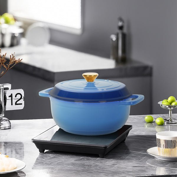 6QT Enamel Cast Iron Dutch Oven, Gradient Blue, with Silicone Handles