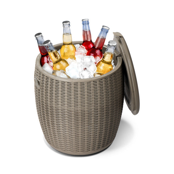 Rattan-Look Outdoor Cooler Side Table, 9.5-Gallon Ice Bucket (Taupe, Plastic)