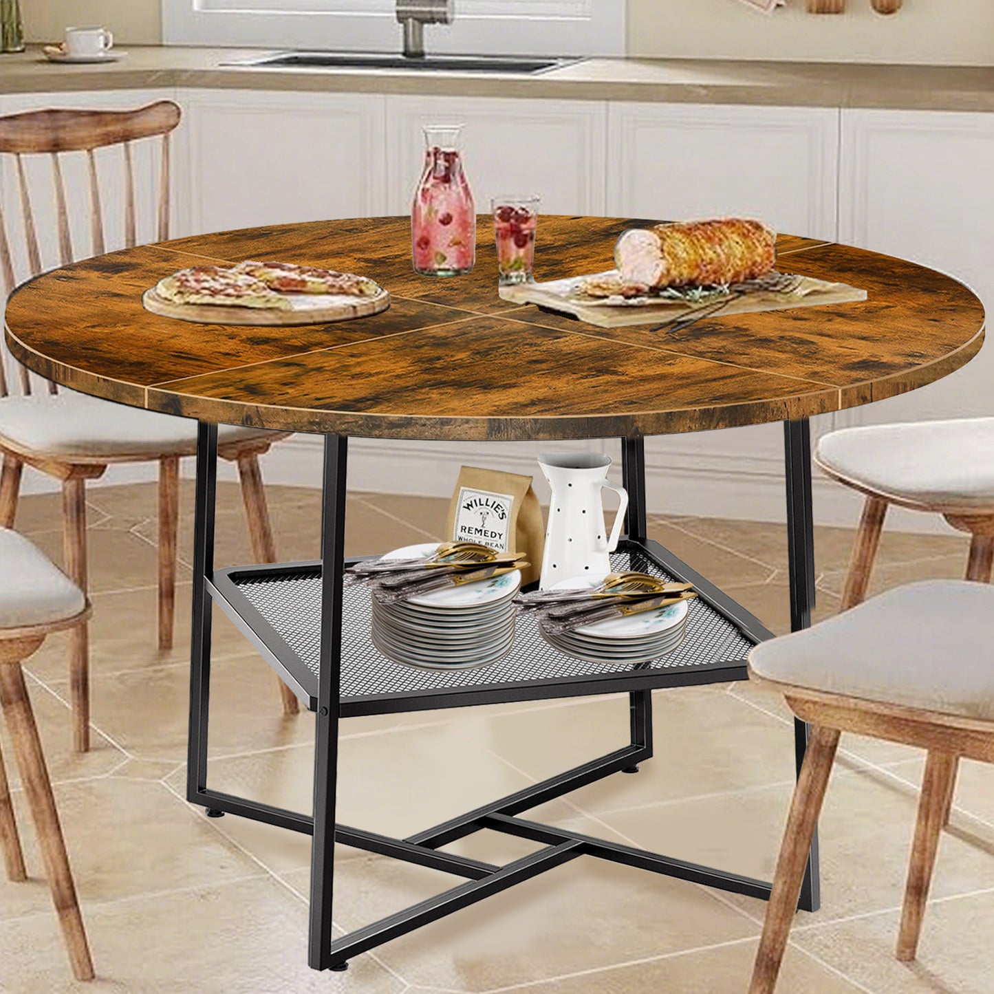 51 Inch Round Dining Table For 4-6, Rustic Wood Top With Storage Shelf And Black Metal Legs, Space Saving Circle Dinner Table For Kitchen Or Dining Room