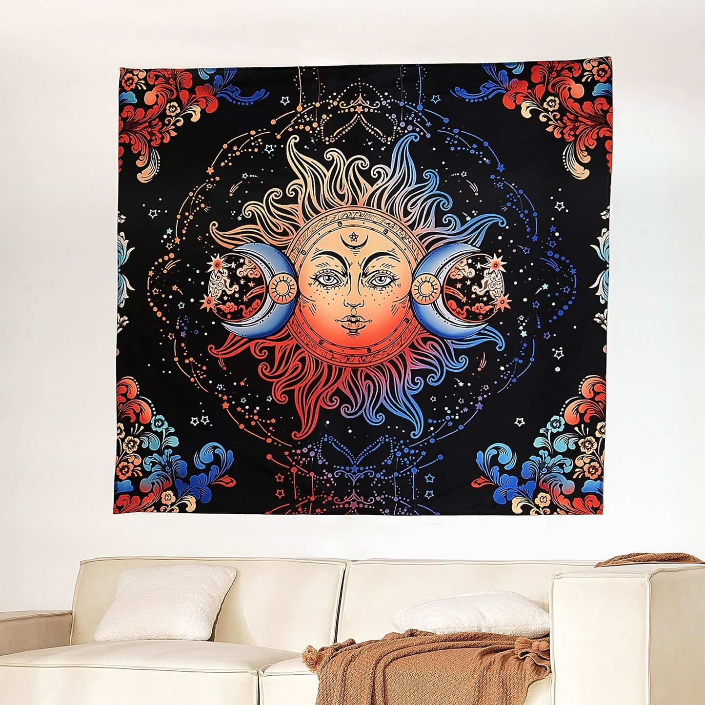Sun and Moon Tapestry – Psychedelic Mystic Floral Vintage Wall Hanging Decor