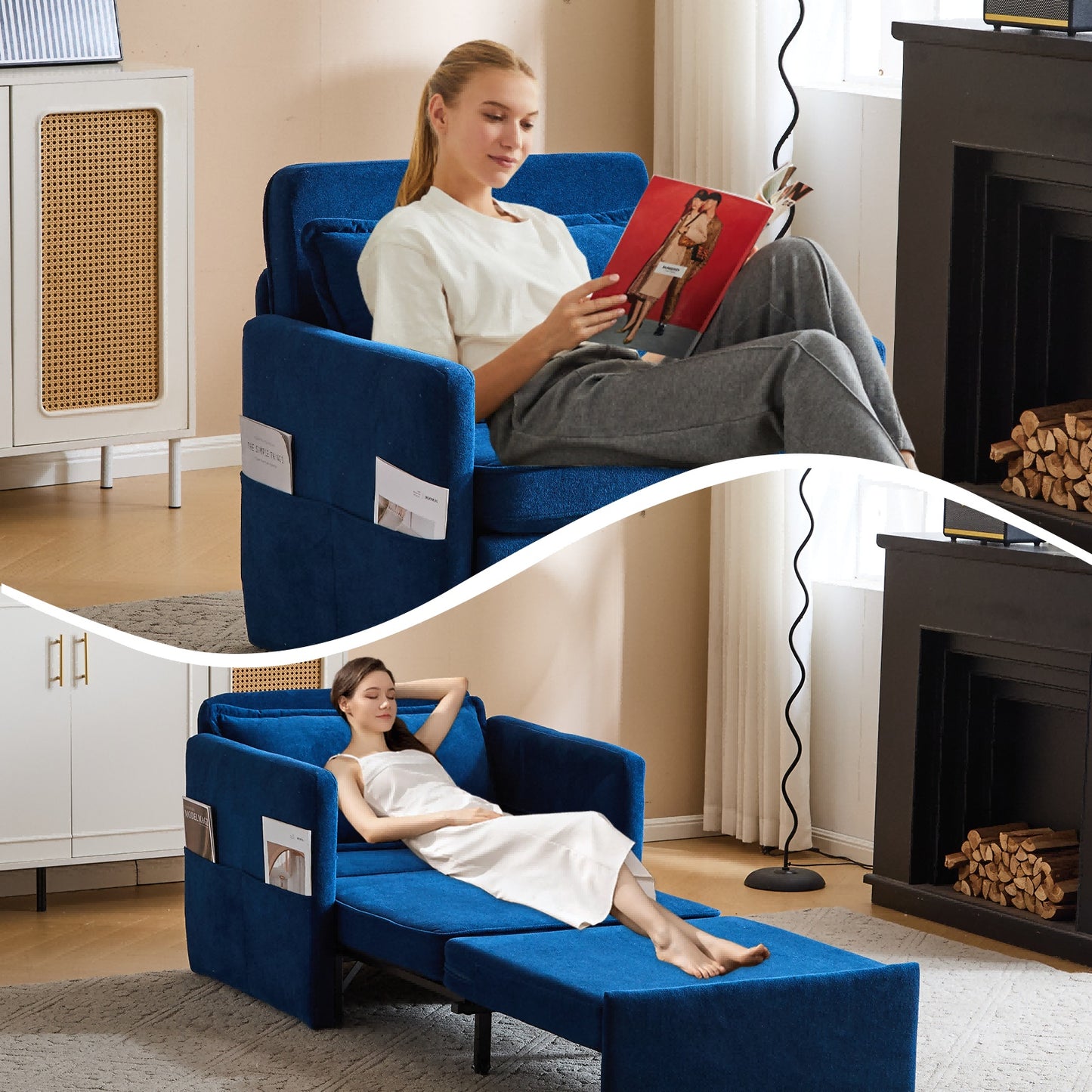 Convertible Sleeper Chair with Charging Ports & Folding Tray Table