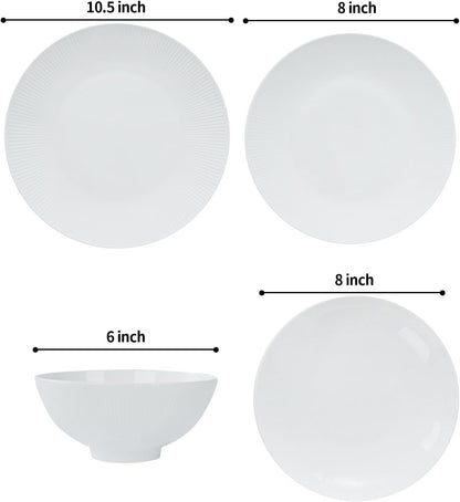Dandelion Bone China Dinnerware Set – 16-Piece Service for 4 (Ivory White, Radial Lines, Microwave & Dishwasher Safe)