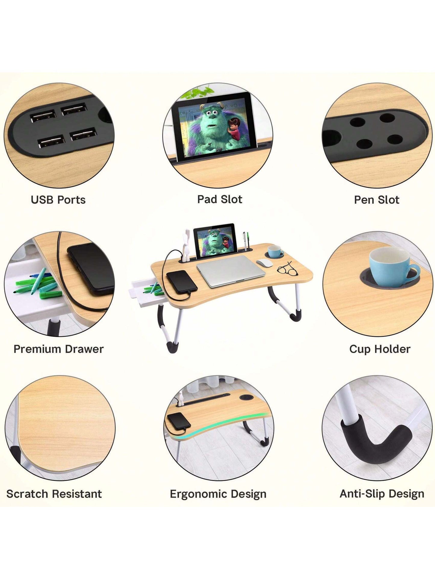 Portable Folding Laptop Desk with Cup Holder for Dorm, Bedroom, Office - Multifunctional Study Table - DonoHome