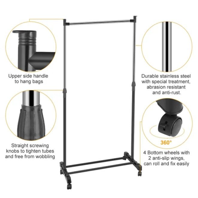 Adjustable & Foldable Rolling Garment Rack, Stainless Steel Clothes Hanger