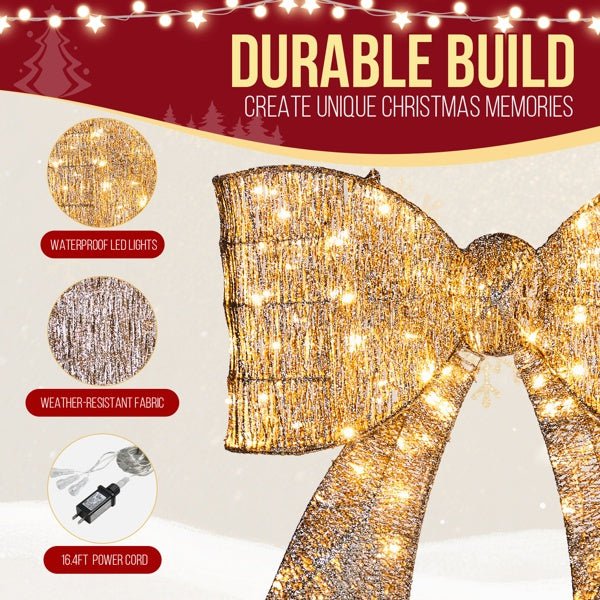 Pre-lit Outdoor Giant Bowknot Christmas Decoration, Lighted Metal Frame With 124 Warm White LED Lights, For Front Door Gate Wall Indoor Outdoor Holiday Party, Golden