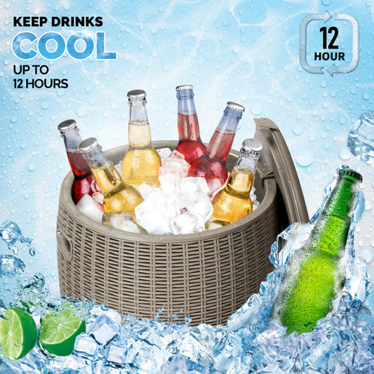 Rattan-Look Outdoor Cooler Side Table, 9.5-Gallon Ice Bucket (Taupe, Plastic)