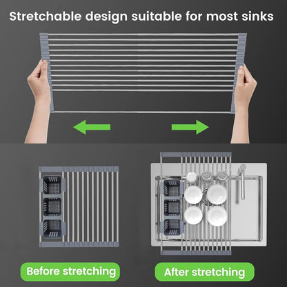 Expandable Roll Up Dish Drying Rack With 2 Removable Baskets Multipurpose Kitchen Drainer Caddy Organizer Storage Shelf Holder Stainless Steel Over The Sink Dish Drainer Space-Saving