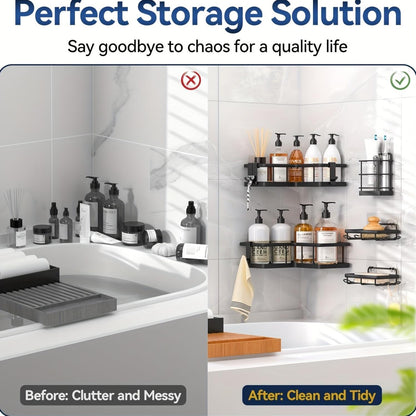 5-in-1 Corner Shower Caddy Set – Rustproof Punch-Free Bathroom Storage Rack with Soap Holder & Hooks