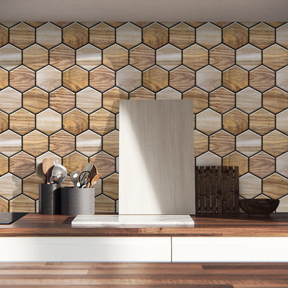 Hexagonal Wood Grain Peel & Stick Wall Tiles – Waterproof Self-Adhesive Backsplash for Kitchen & Bathroom