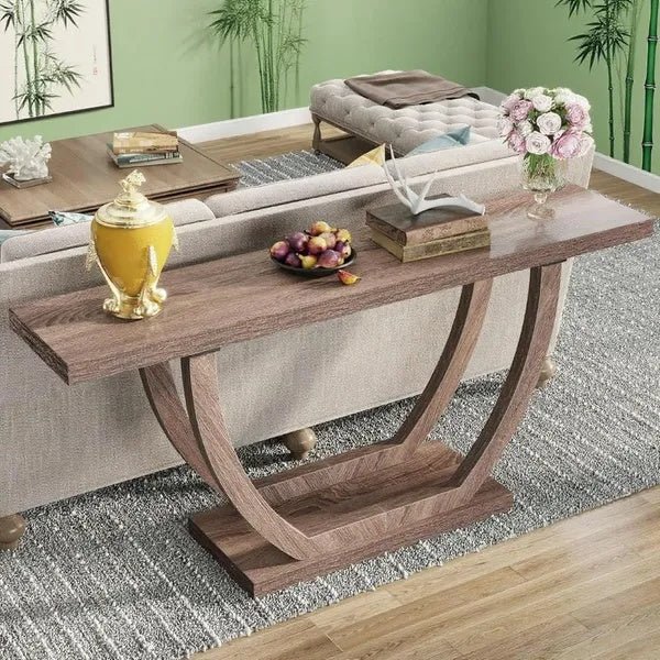 Modern 63 Inch Console Table With Curved Base, Long Wooden Entryway Table For Hallway, Living Room, Or Sofa Back Storage And Display