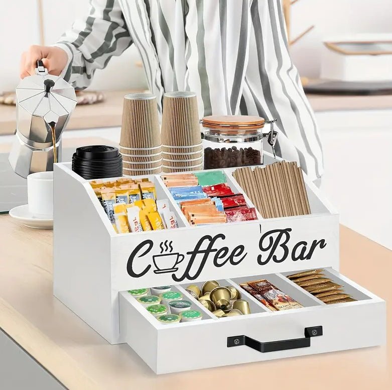 Wooden Double-layer Coffee Pod Organizer with Drawer - Kitchen Counter Storage Box - DonoHome