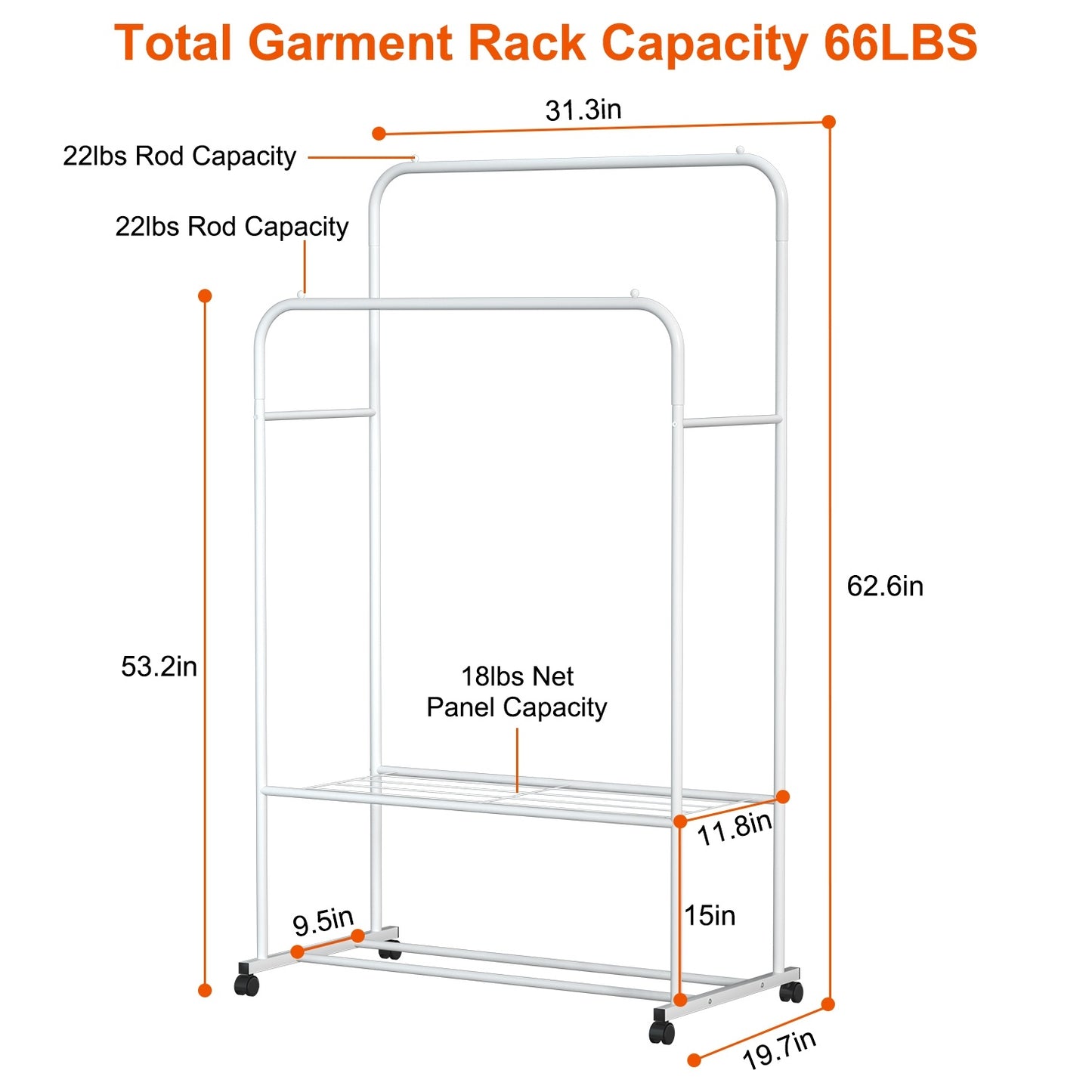 Rolling Garment Hanging Rack – Clothes Organizer with Double Rail, Bottom Shelf & Lockable Wheels