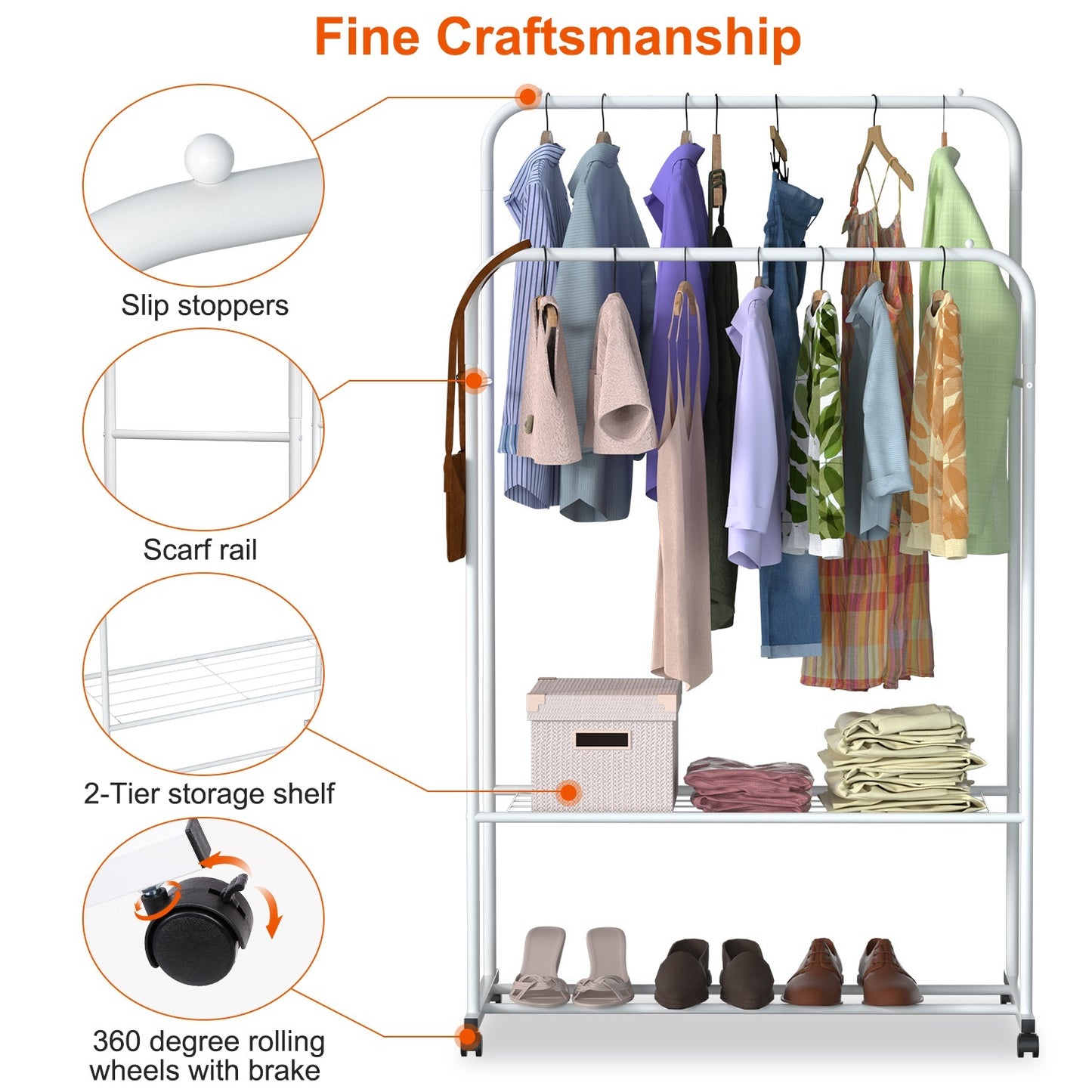 Rolling Garment Hanging Rack – Clothes Organizer with Double Rail, Bottom Shelf & Lockable Wheels