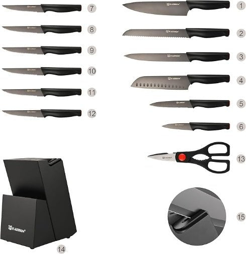 15-Piece Knife Set, High Carbon Stainless Steel Imported From Germany, Beveled Mercerized Blade, Black Titanium Stainless Steel Knives Block Set With Built-in Sharpener, Non-Slip Handles