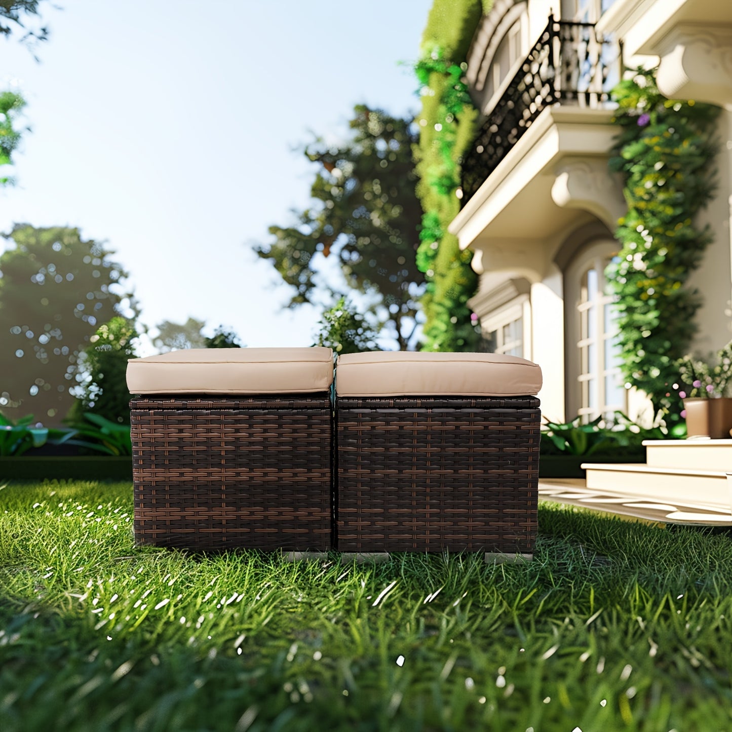 Set of 2 Outdoor Wicker Storage Ottomans with Removable Cushions – Patio Footrest / Side Table