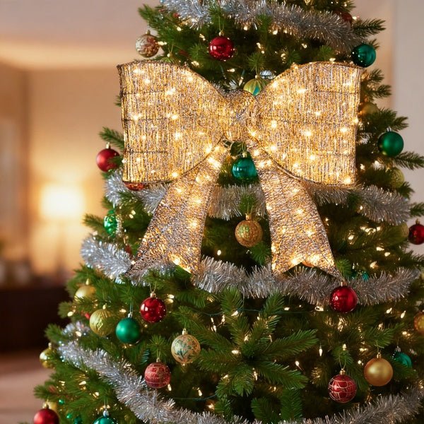 Pre-lit Outdoor Giant Bowknot Christmas Decoration, Lighted Metal Frame With 124 Warm White LED Lights, For Front Door Gate Wall Indoor Outdoor Holiday Party, Golden