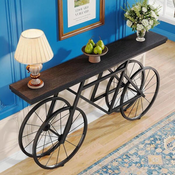 Creative 71 Inch Long Console Table With Bicycle Shaped Metal Base, Unique Wooden Entryway Or Sofa Table For Living Room, Hallway, Or Display Decor