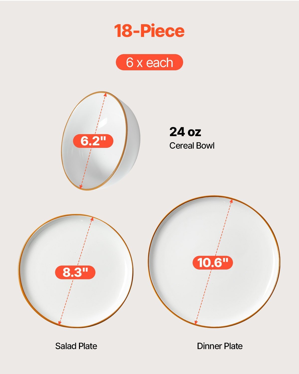 18-Piece Ceramic Dinnerware Set – Plates & Bowls Service for 6, White - DonoHome