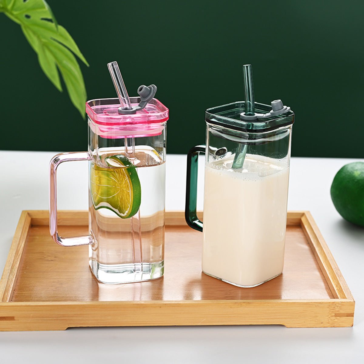 6 Pcs Square Glass Cup Set with Lids and Straws, High Borosilicate Glass