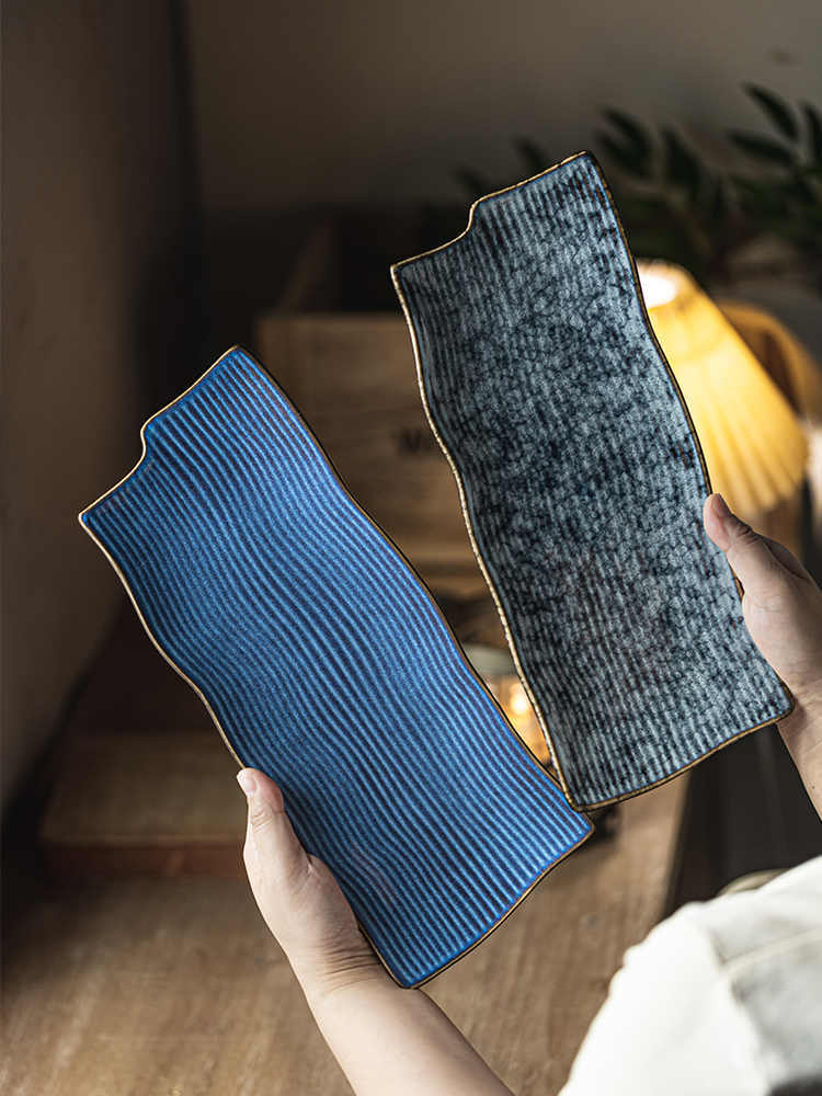 Irregular Long Ceramic Sushi Plates – Japanese Style Striped Flat Serving Dish