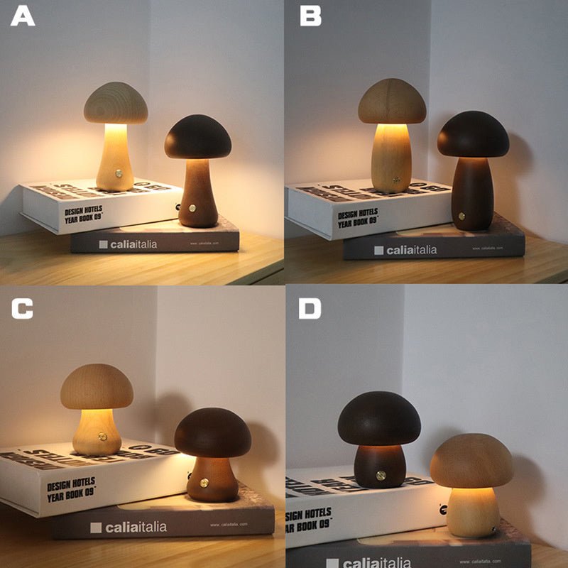 Wooden Mushroom LED Night Light, Touch-Activated Bedside Table Lamp