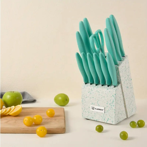 14-Piece Rainbow Titanium Kitchen Knife Set w/ Wooden Block & Shears (High-Carbon Stainless Steel)