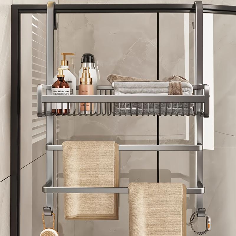 Punch-free Bathroom Towel Rack – Over-the-door Shower Glass Hook with Multi-tier Storage Shelf