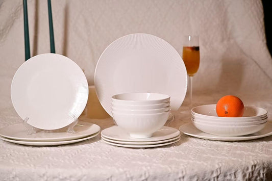 Dandelion Bone China Dinnerware Set – 16-Piece Service for 4 (Ivory White, Radial Lines, Microwave & Dishwasher Safe)