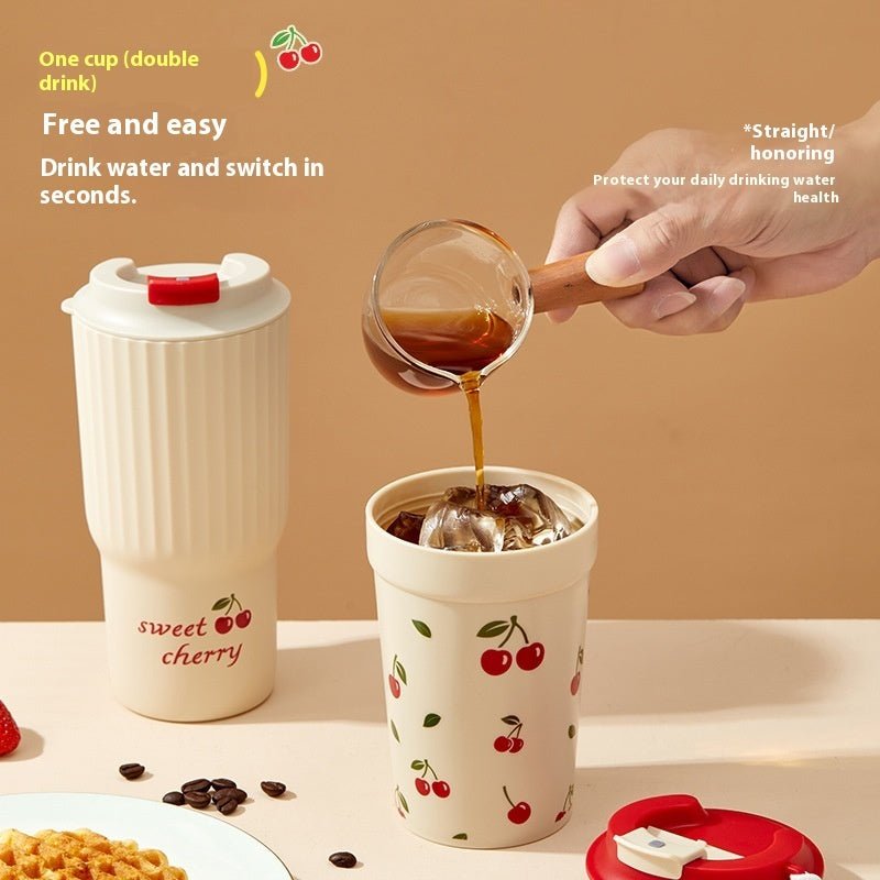Creative Large Capacity Cherry Print Tumbler with Lid and Straw