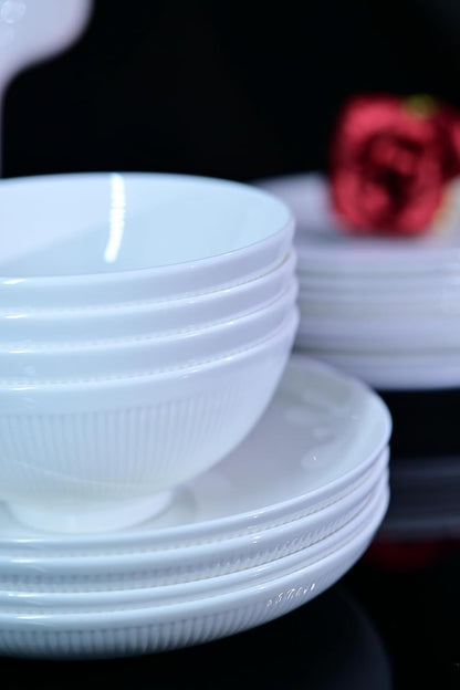 Dandelion Bone China Dinnerware Set – 16-Piece Service for 4 (Ivory White, Radial Lines, Microwave & Dishwasher Safe)