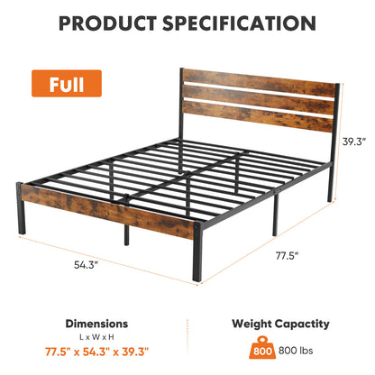 Metal Platform Bed Frame with Rustic Wood Headboard & Footboard (No Box Spring Needed) – Twin/Full/Queen