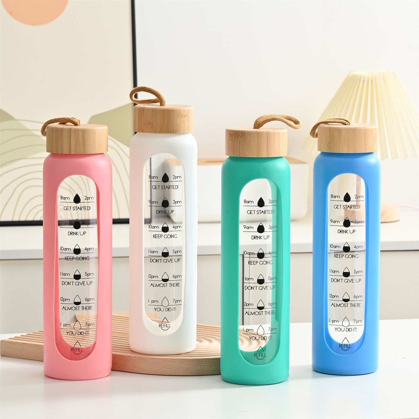 Large Capacity Portable Glass Water Bottle with Time Marker