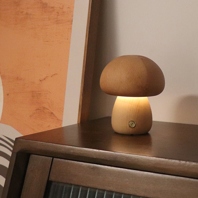 Wooden Mushroom LED Night Light, Touch-Activated Bedside Table Lamp